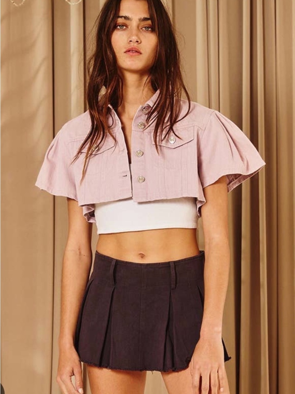 Bucket List Dusty Pink Cropped Denim Jacket Flutter Sleeve Size L